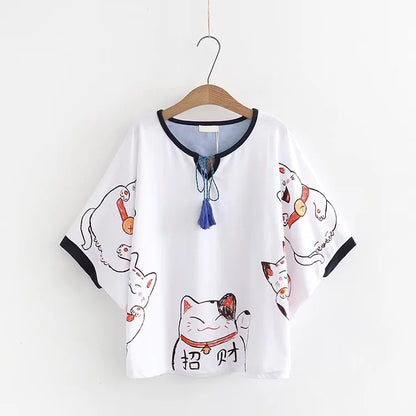 Women Cartoon Lucky Cat Print Japan Style Harajuku T Shirts