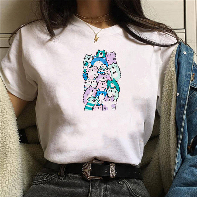 Cartoon Cat Print Ladies Short Sleeve