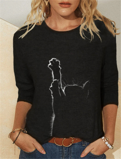 Cat print long sleeve round neck T-shirt