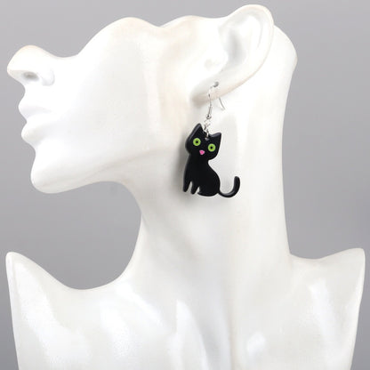 Halloween Cute Black And White Cat Cute Pet And Animal Earrings Personality Style Acrylic Printed Earrings