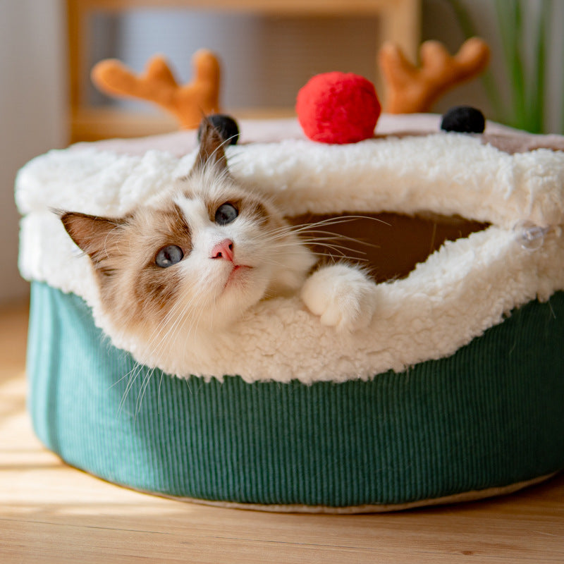 Elk Cat Nest Closed Winter Warm Cat House Removable And Washable Lambswool Cute Winter Cat Nest