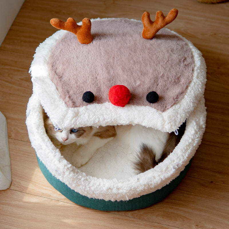 Elk Cat Nest Closed Winter Warm Cat House Removable And Washable Lambswool Cute Winter Cat Nest