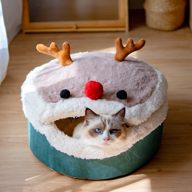 Elk Cat Nest Closed Winter Warm Cat House Removable And Washable Lambswool Cute Winter Cat Nest