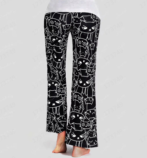 European And American Hot Digital Printing Cartoon Cat Pattern Bell-bottoms Wide Leg Pants For Women