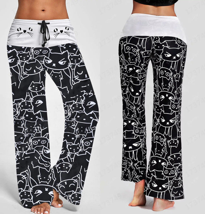 European And American Hot Digital Printing Cartoon Cat Pattern Bell-bottoms Wide Leg Pants For Women