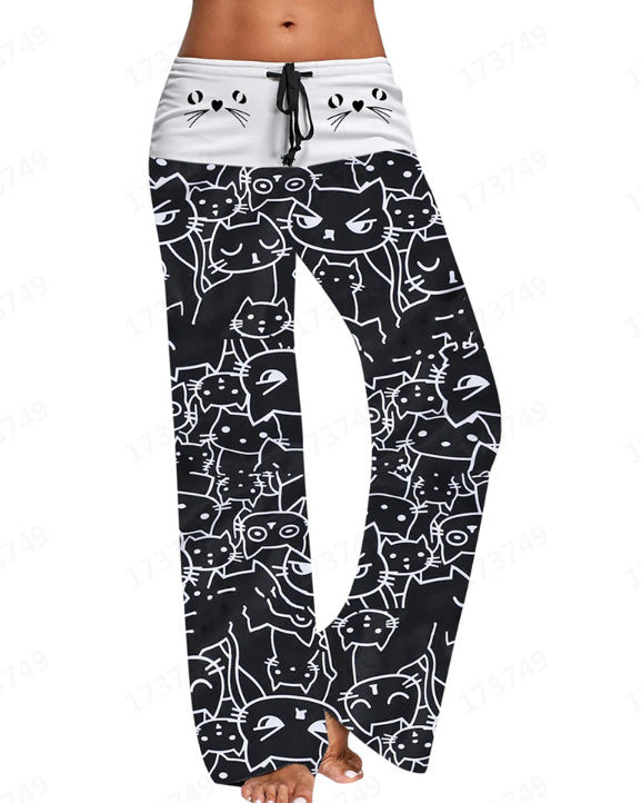 European And American Hot Digital Printing Cartoon Cat Pattern Bell-bottoms Wide Leg Pants For Women