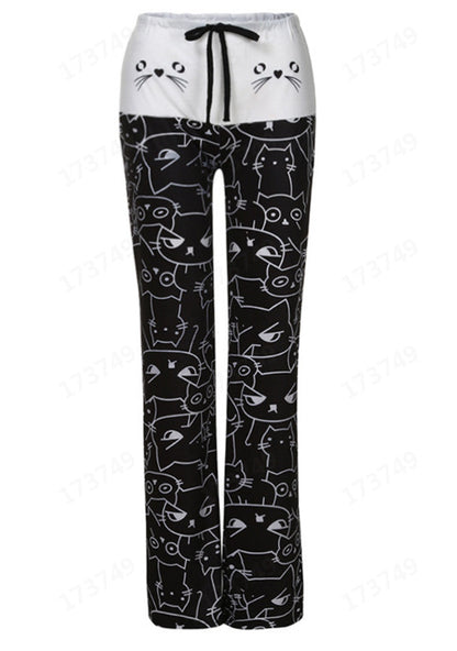 European And American Hot Digital Printing Cartoon Cat Pattern Bell-bottoms Wide Leg Pants For Women