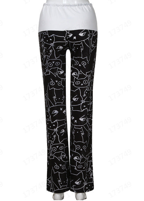 European And American Hot Digital Printing Cartoon Cat Pattern Bell-bottoms Wide Leg Pants For Women