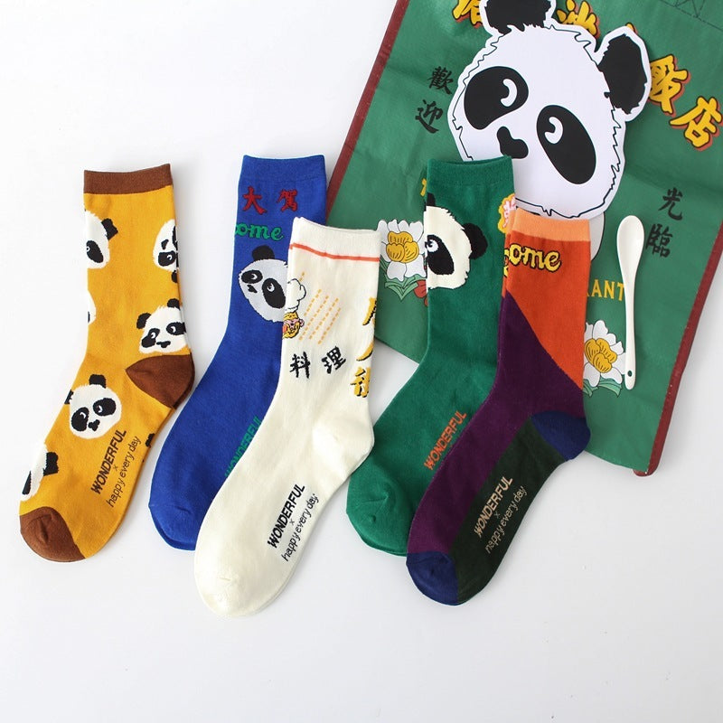 Cute Giant Panda All Cotton Mid-calf Length Combed Cotton High Tube Students&