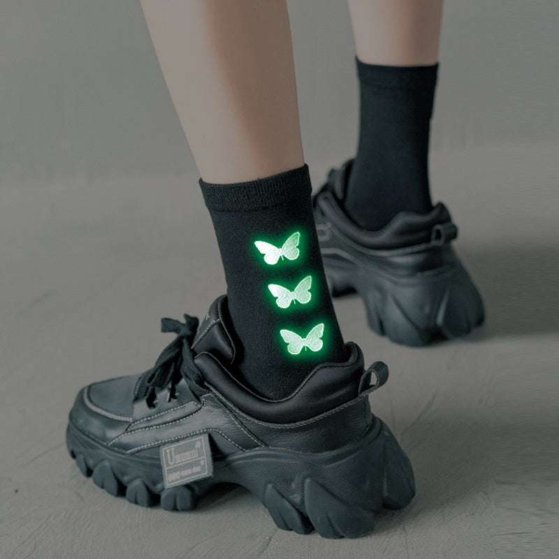 Black socks women luminous butterfly tube socks