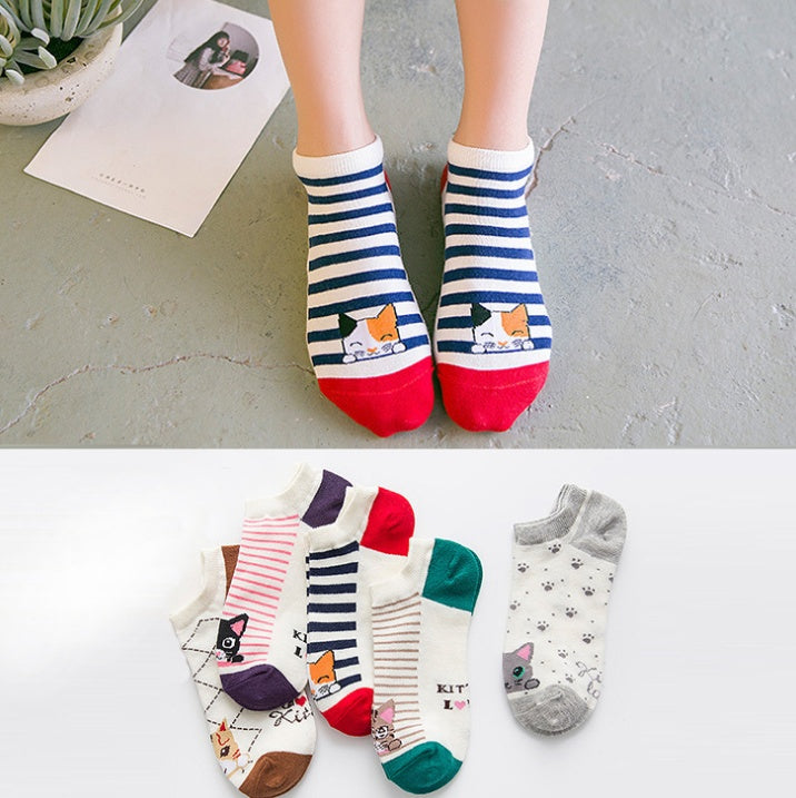 5 pair High Quality Cute Cat Striped Women Socks Creative Casual Cotton Funny Animal Socks for Woman