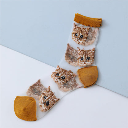 Cat Card Stockings Sweet Personality Glass Silk Women&