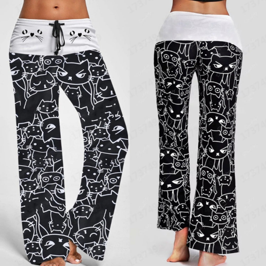 European And American Hot Digital Printing Cartoon Cat Pattern Bell-bottoms Wide Leg Pants For Women