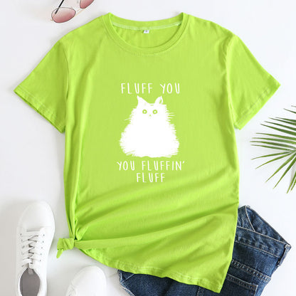 Large Size Cat Letter Printed Cotton Round Neck Short Sleeve T-shirt For Women