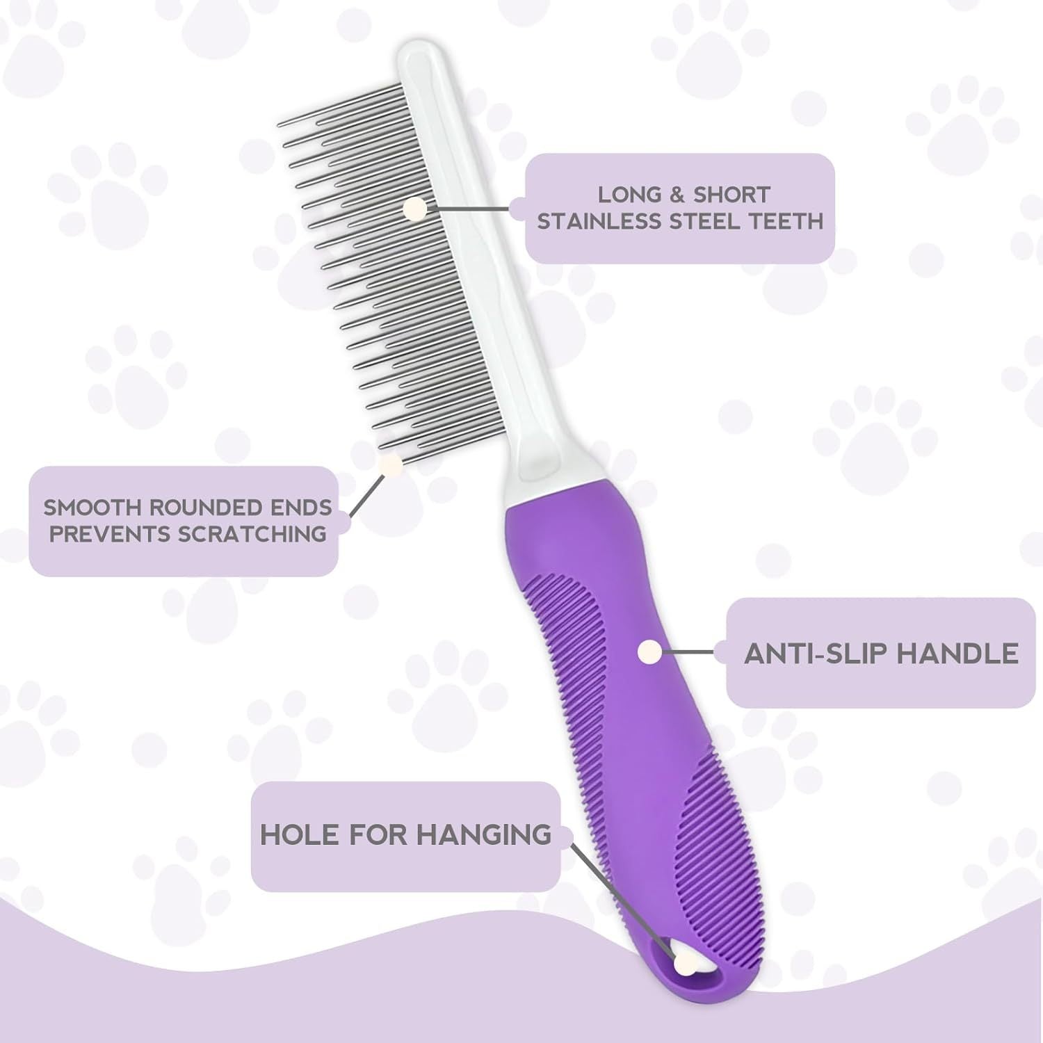 Detangling Pet Comb For Dog  Cat Grooming Comb With Long Short Stainless Steel Teeth Safely Remove Knots Tangles For Healthy Shiny Coat Gentle Effective Detangling Tool For Pet Hair