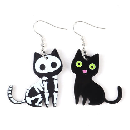 Halloween Cute Black And White Cat Cute Pet And Animal Earrings Personality Style Acrylic Printed Earrings