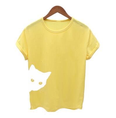 Cat pattern print round neck slim short-sleeved T-shirt