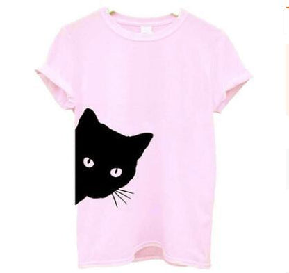 Cat pattern print round neck slim short-sleeved T-shirt