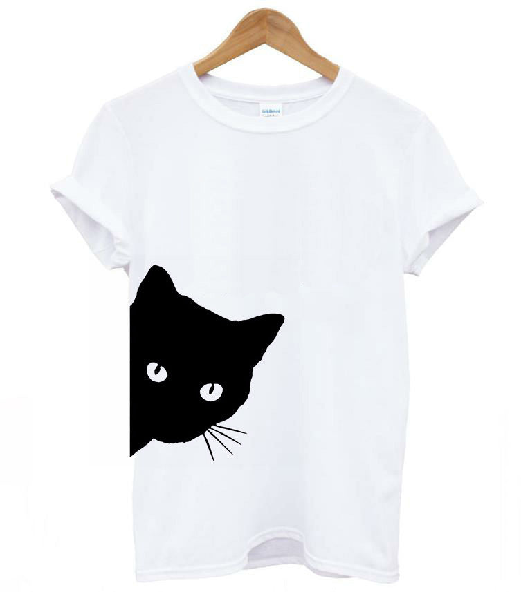 Cat pattern print round neck slim short-sleeved T-shirt