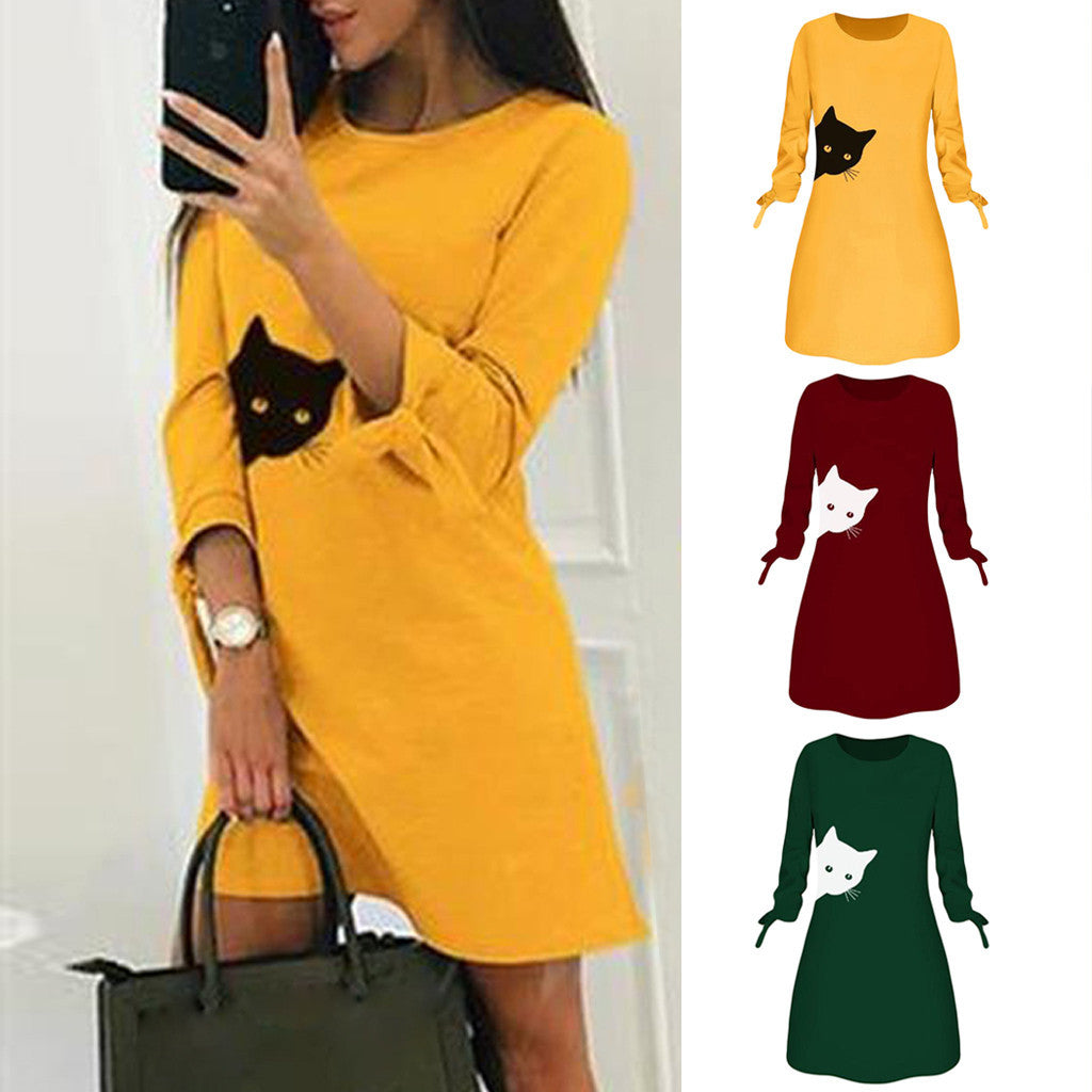 Women Elegant Dress Cat Print Bow O Neck Long Sleeve Party Mini Dresses Casual Ladies Elegant Dress Autumn Spring Dresses