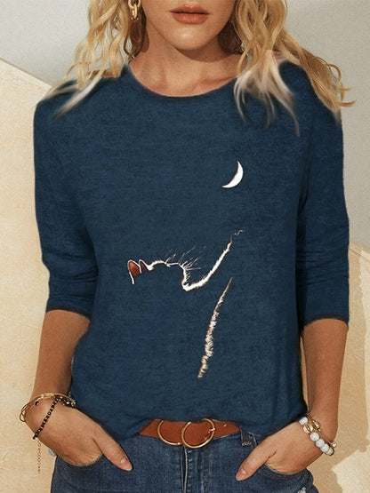 Cat print long sleeve round neck T-shirt