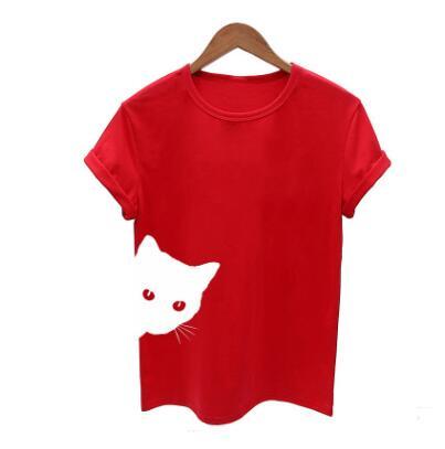 Cat pattern print round neck slim short-sleeved T-shirt