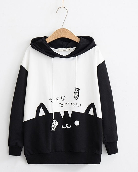 Cute cat stitching hooded sweater