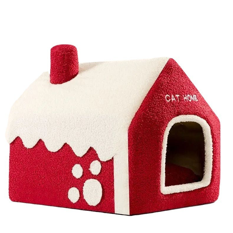 Christmas Winter Warm House Pet Bed Villa Enclosed