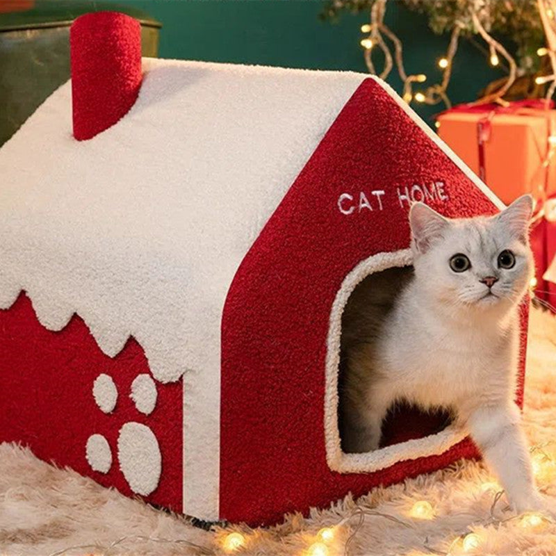 Christmas Winter Warm House Pet Bed Villa Enclosed