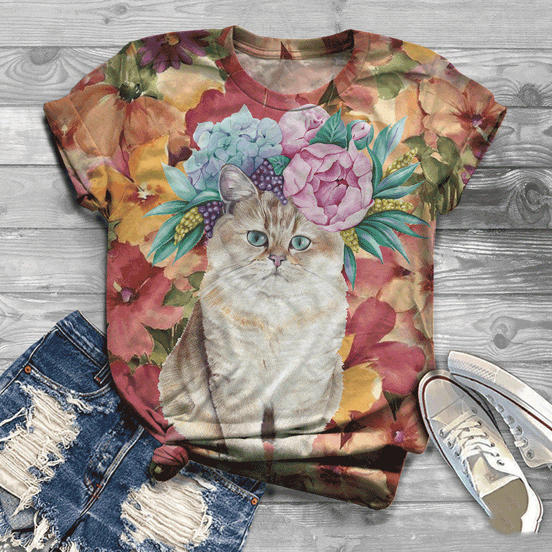 Digital Printing 3DT Shirt Cat Pet Cute Short Sleeve