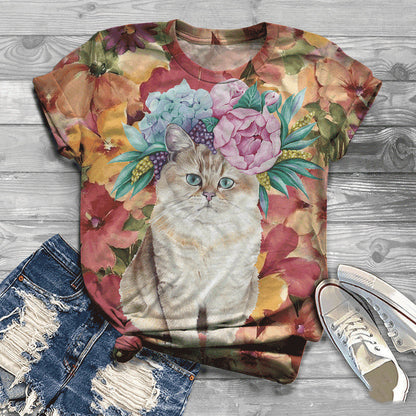 Digital Printing 3DT Shirt Cat Pet Cute Short Sleeve