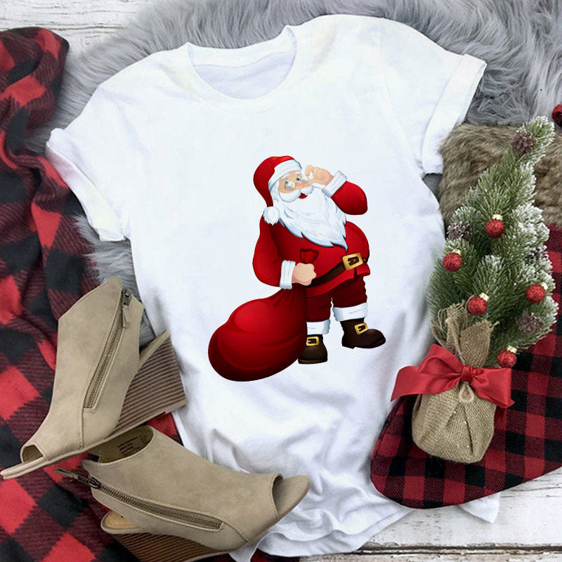 Christmas Lady Short-sleeved T-shirt Cartoon Santa Claus Print Street Casual T-shirt