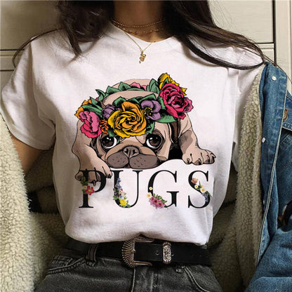 Pet Dog Cartoon Print Round Neck Short Sleeve