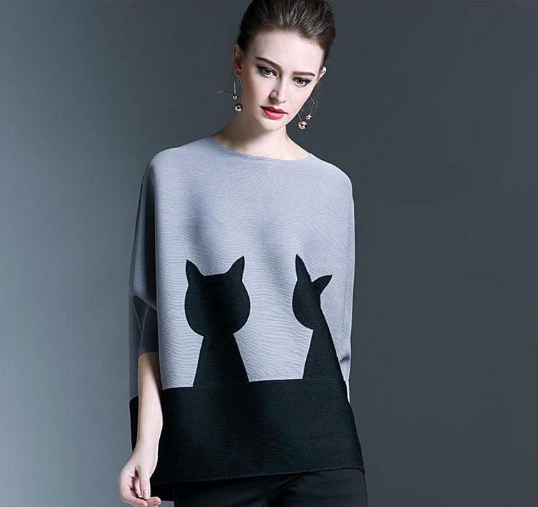 Round neck loose stitching cat pattern sleeves stretch pleated print tops women