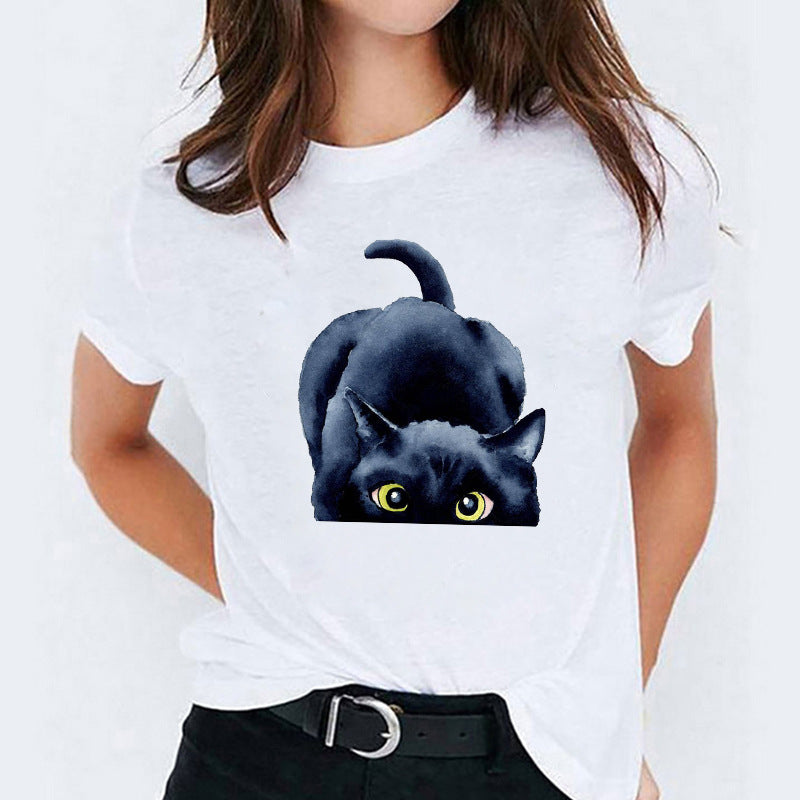 Cat Flamingo Round Neck Print T-shirt Short Sleeve Women&