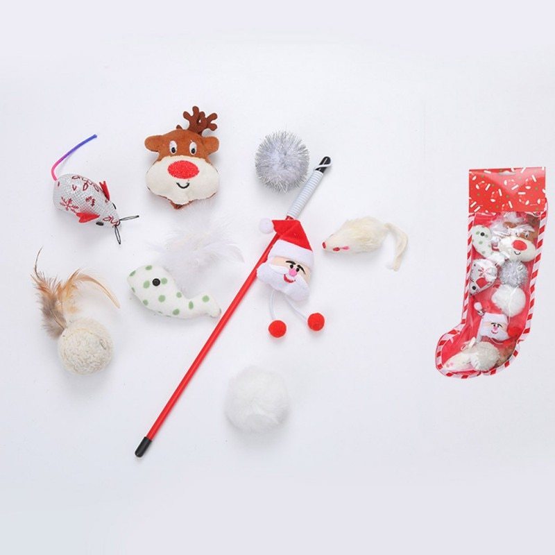 Christmas stocking bells plush mouse funny cat stick pet cat toy