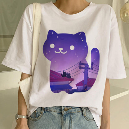 Cat Pocket Print Men And Women Couple Short Sleeve