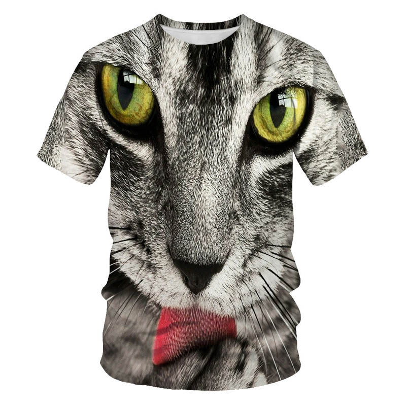 Digital Print Short Sleeve Cute Cat Men&