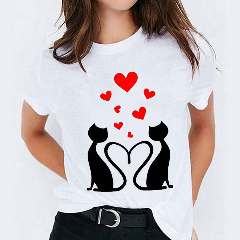 Cat Flamingo Round Neck Print T-shirt Short Sleeve Women&