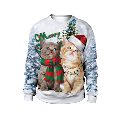 Cat Christmas Digital Printing Round-neck Pullover