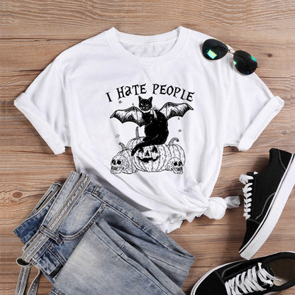 Bat Cat Letter Print T-shirt Women