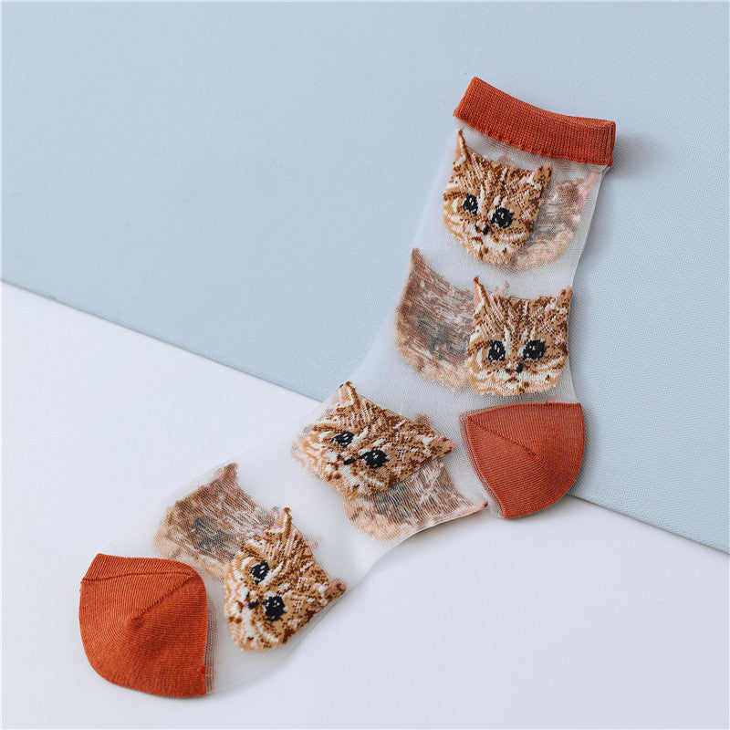 Cat Card Stockings Sweet Personality Glass Silk Women&