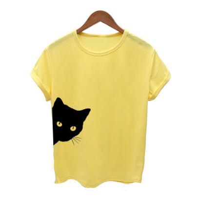 Cat pattern print round neck slim short-sleeved T-shirt