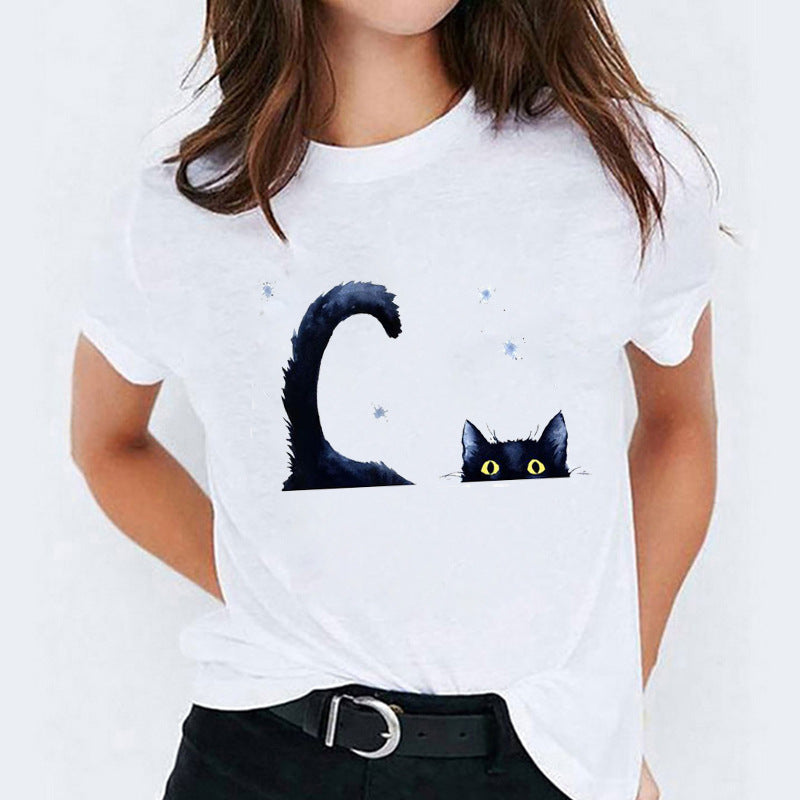 Cat Flamingo Round Neck Print T-shirt Short Sleeve Women&