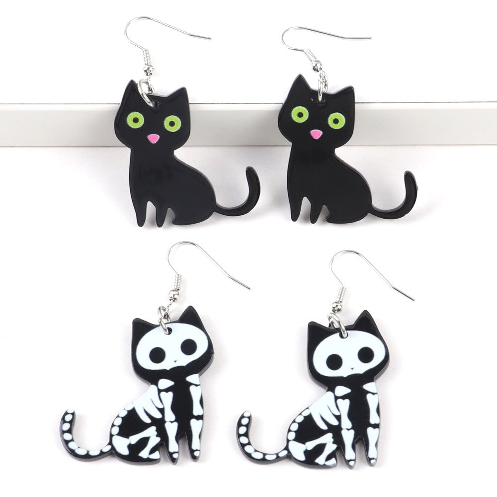 Halloween Cute Black And White Cat Cute Pet And Animal Earrings Personality Style Acrylic Printed Earrings