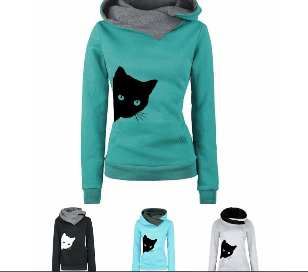 Ms. Cat Print Pocket Hooded Long Sleeve Fleece Sweater 4 Color Spot S-3XL