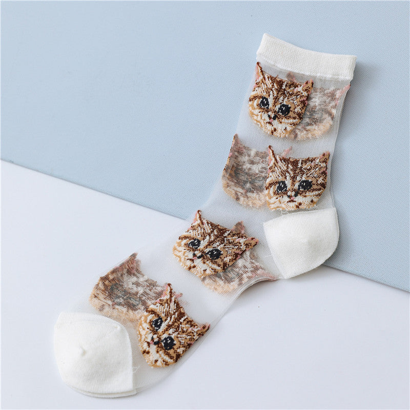 Cat Card Stockings Sweet Personality Glass Silk Women&