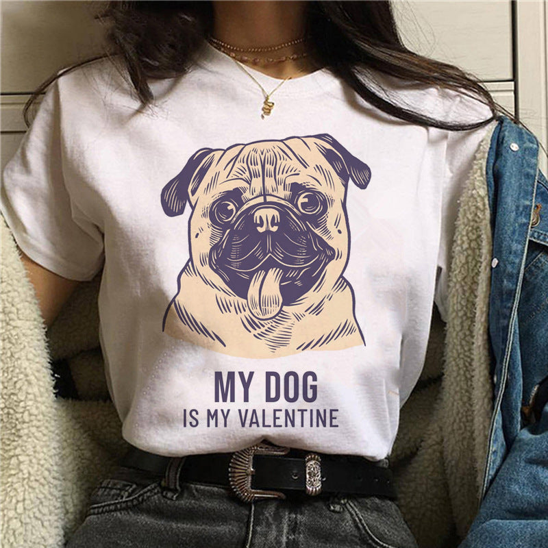 Pet Dog Cartoon Print Round Neck Short Sleeve