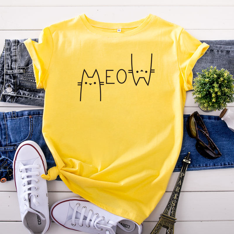 Creative Casual Cat Letter Cotton Short-sleeved T-shirt Women&