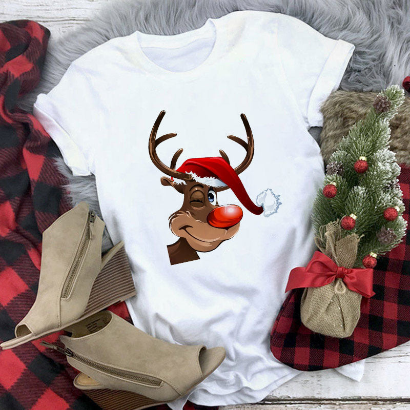 Christmas Lady Short-sleeved T-shirt Cartoon Santa Claus Print Street Casual T-shirt